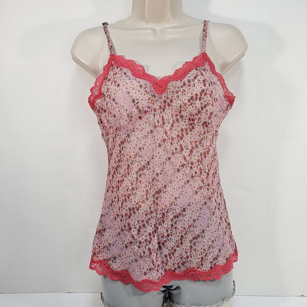 Express Design Studio Y2K Pink Floral 100% Silk Lace Trim Cami Top Size Small